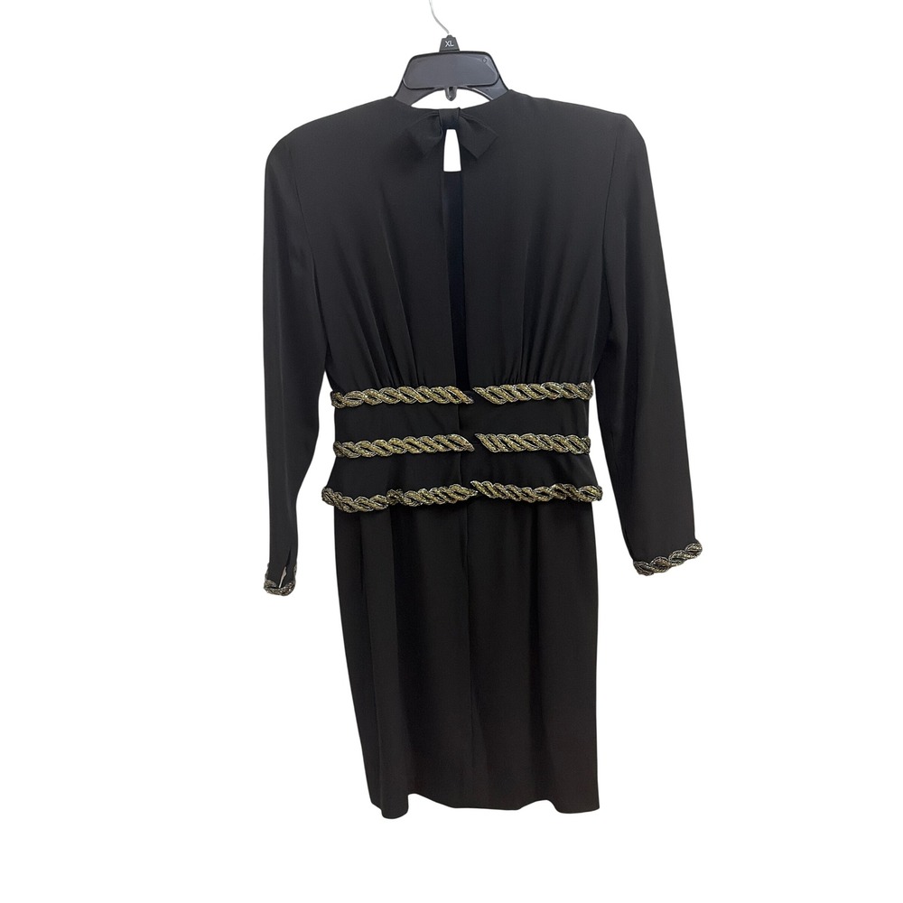 Albert Nipon Dress Vintage 80s Cocktail Womens 6 Black Gold Metallic Trim Sheath - Picture 3 of 8
